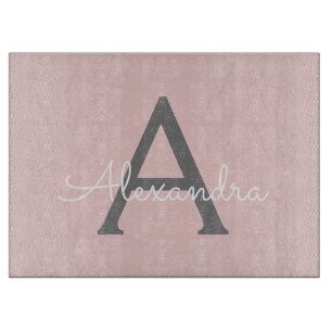 Blush Pink Grey Modern Script Girly Monogram Name Cutting Board