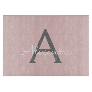 Blush Pink Grey Modern Script Girly Monogram Name Cutting Board