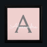 Blush Pink Grey Modern Script Girly Monogram Name Gift Box<br><div class="desc">Blush Pink and Grey Simple script Monogram Name Jewellery Keepsake Box. This makes the perfect graduation,  birthday,  wedding,  bridal shower,  anniversary,  baby shower or bachelorette party gift for someone that loves glam luxury and chic styles.</div>