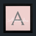 Blush Pink Grey Modern Script Girly Monogram Name Gift Box<br><div class="desc">Blush Pink and Grey Simple script Monogram Name Jewellery Keepsake Box. This makes the perfect graduation,  birthday,  wedding,  bridal shower,  anniversary,  baby shower or bachelorette party gift for someone that loves glam luxury and chic styles.</div>