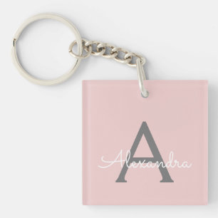 Blush Pink Grey Modern Script Girly Monogram Name Keychain