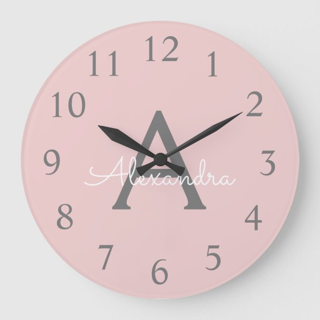 Blush Pink Grey Modern Script Girly Monogram Name Large Clock (Front)