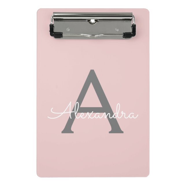 Blush Pink Grey Modern Script Girly Monogram Name Mini Clipboard (Front)
