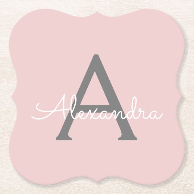 Blush Pink Grey Modern Script Girly Monogram Name Paper Coaster (Front)