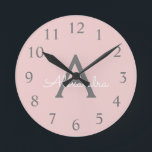 Blush Pink Grey Modern Script Girly Monogram Name Round Clock<br><div class="desc">Blush Pink and Grey Simple Script Monogram Name Clock. This makes the perfect sweet 16 birthday,  wedding,  bridal shower,  anniversary,  baby shower or bachelorette party gift for someone that loves glam luxury and chic styles.</div>