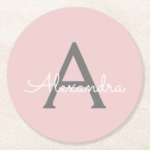 Blush Pink Grey Modern Script Girly Monogram Name Round Paper Coaster