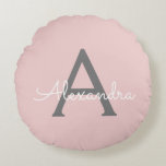 Blush Pink Grey Modern Script Girly Monogram Name Round Pillow<br><div class="desc">Blush Pink and Grey Simple Script Monogram Name Pouf Pillow. The pillow makes the perfect sweet 16 birthday,  wedding,  bridal shower,  baby shower or bachelorette party gift for someone decorating her room in rose gold.</div>