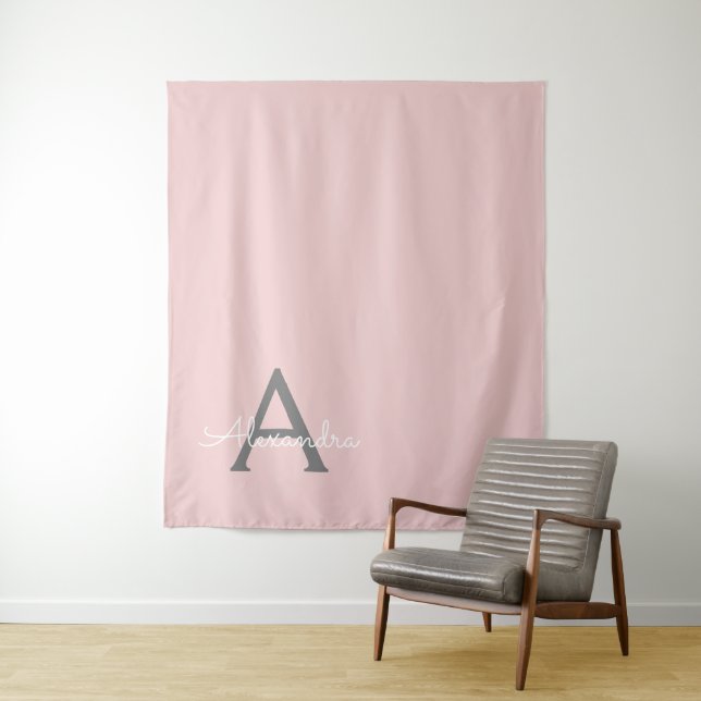 Blush Pink Grey Modern Script Girly Monogram Name Tapestry (In Situ)