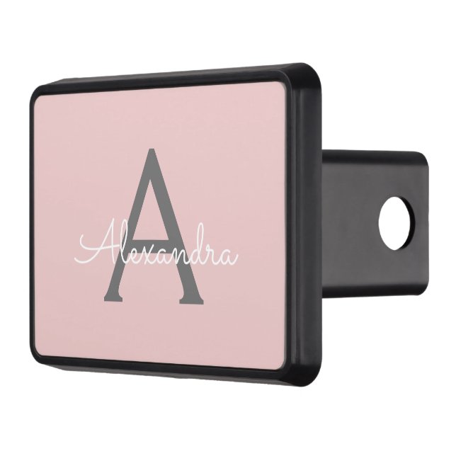Blush Pink Grey Modern Script Girly Monogram Name Trailer Hitch Cover (Left)