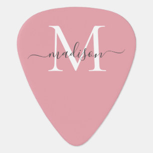 Blush Pink Grey Monogram Girly Feminine Script Guitar Pick