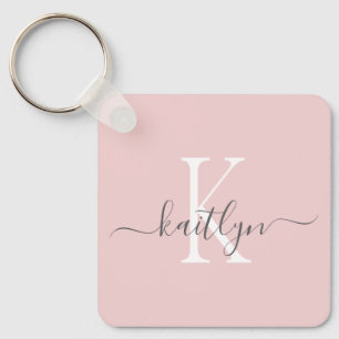 Blush Pink Grey Name Initial Monogram Keychain