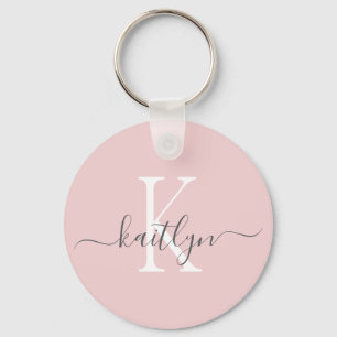 Blush Pink Grey Name Initial Monogram Keychain