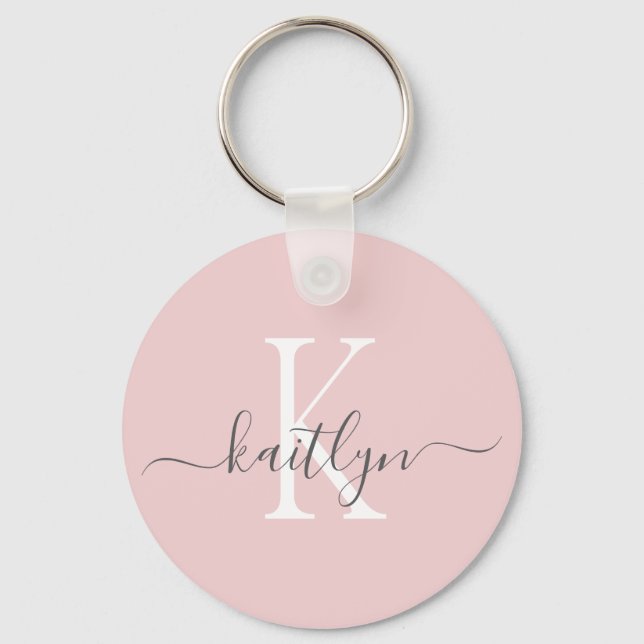 Blush Pink Grey Name Initial Monogram Keychain (Front)