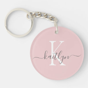 Blush Pink Grey Name Initial Monogram Keychain
