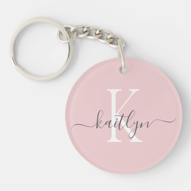 Blush Pink Grey Name Initial Monogram Keychain (Front)