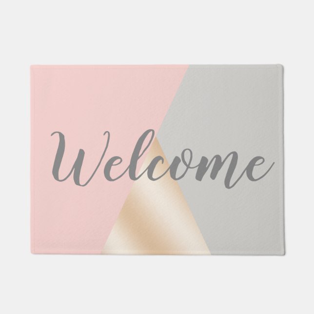Blush pink, grey & rose gold geometric triangles doormat (Front)