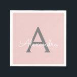 Blush Pink Grey Script Monogram Name Modern Napkin<br><div class="desc">Blush Pink and Grey Monogram Add Your own Name Paper Party Napkins. This makes the perfect sweet 16 birthday,  wedding,  bridal shower,  anniversary,  baby shower or bachelorette party gift for someone that loves glam luxury and chic script styles.</div>