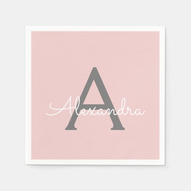 Blush Pink Grey Script Monogram Name Modern Napkin (Front)