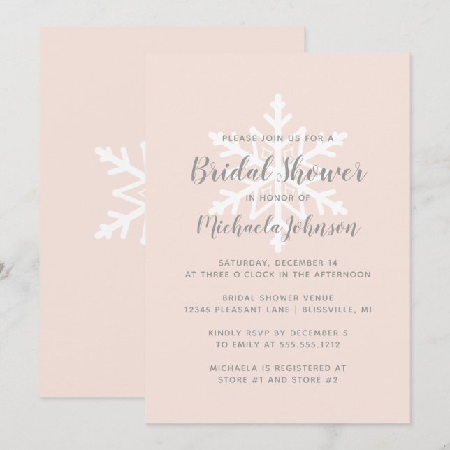 Blush Pink Grey Snowflake Winter Bridal Shower Invitation (Front/Back)