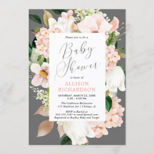 Blush pink grey spring floral girl baby shower invitation