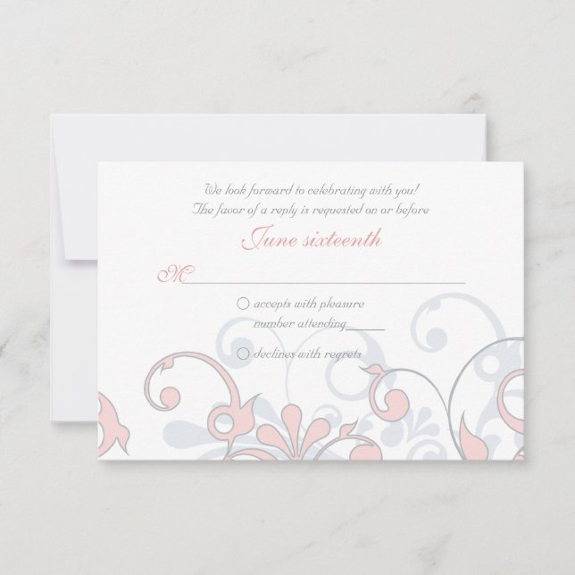 Blush Pink, Grey, White Abstract Floral RSVP Card (Front)