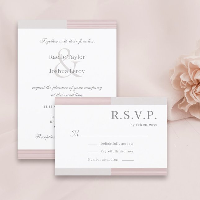 Blush Pink Grey White Stripes Elegant Wedding RSVP Invitation (Creator Uploaded)