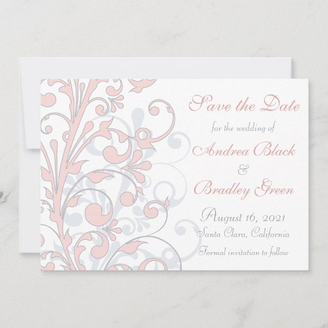 Blush Pink, Grey, White Wedding Save the Date (Front)