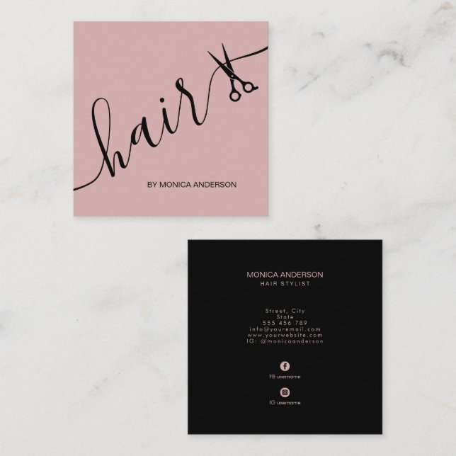 Blush Pink Hair Script Stylist Scissors Square Business Card (Front/Back)
