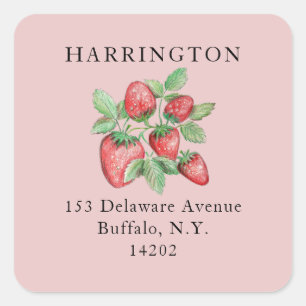 Blush Pink Hand-Drawn Strawberry Return Address Square Sticker
