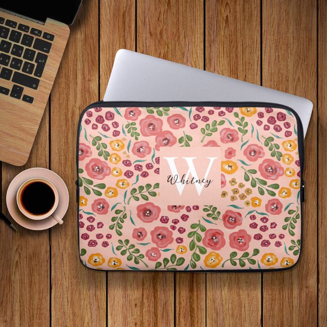 Blush Pink Hand-painted Mixed Floral Name Monogram Laptop Sleeve (Creator Uploaded)