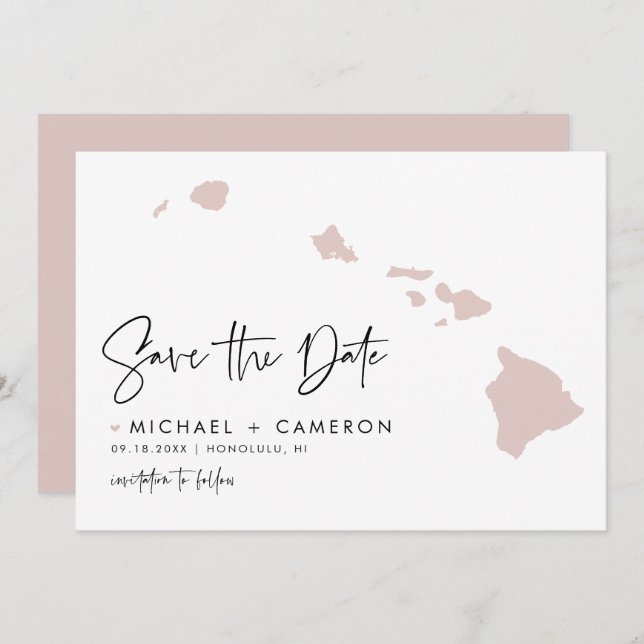 Blush Pink Hawaii Map Modern Minimalist Script Save The Date (Front/Back)