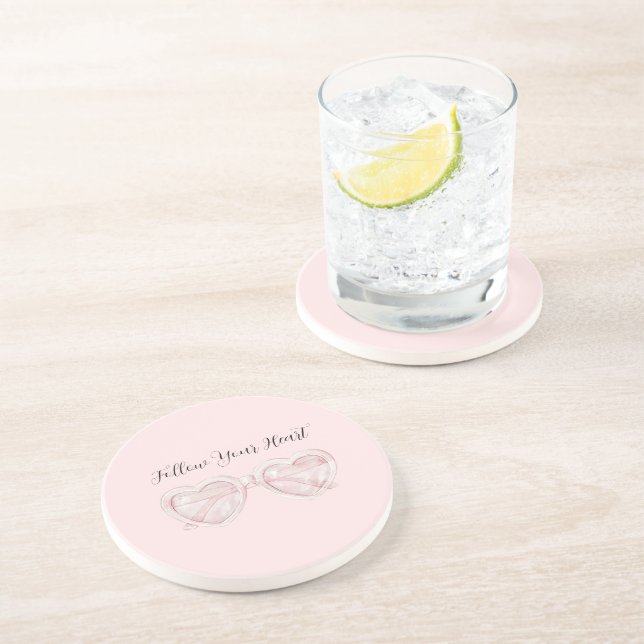 Blush Pink Heart Sunglasses Quote Coaster (Side)