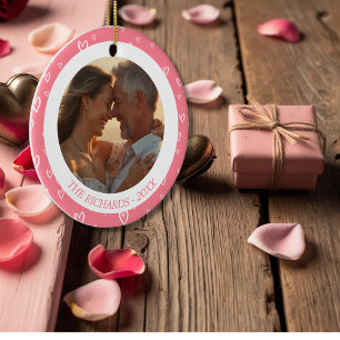Blush Pink Hearts with Personalized Photo Design Ceramic Ornament