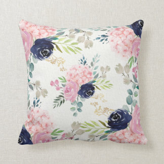 Blush Pink Hidrangea, Coussin floral bleu Navy