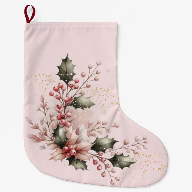 Blush Pink Holly and Berries Large Christmas Stocking (Front)