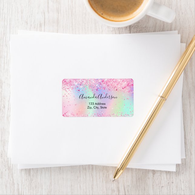 Blush pink holographic glitter return address label (Insitu)