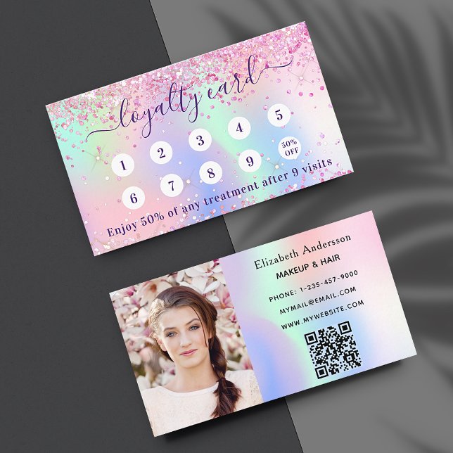 Blush pink holograpic sparkles qr code photo  loyalty card (Creator Uploaded)