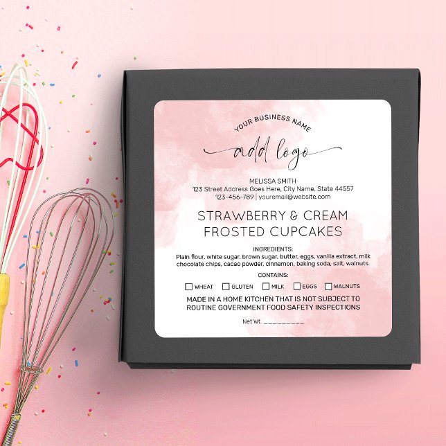 Blush Pink Home Bakery Cottage Law Ingredients Square Sticker (Feminine pink watercolor pastry chef dessert labels for your cookies, cupcakes or other treats)