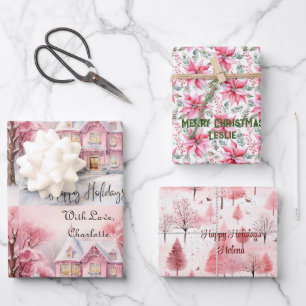Blush Pink House Christmas Tree Poinsettia Custom Wrapping Paper Sheet