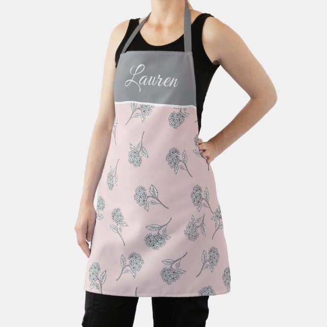 Blush Pink Hydrangea Floral Botanical Monogram Apron (Insitu)