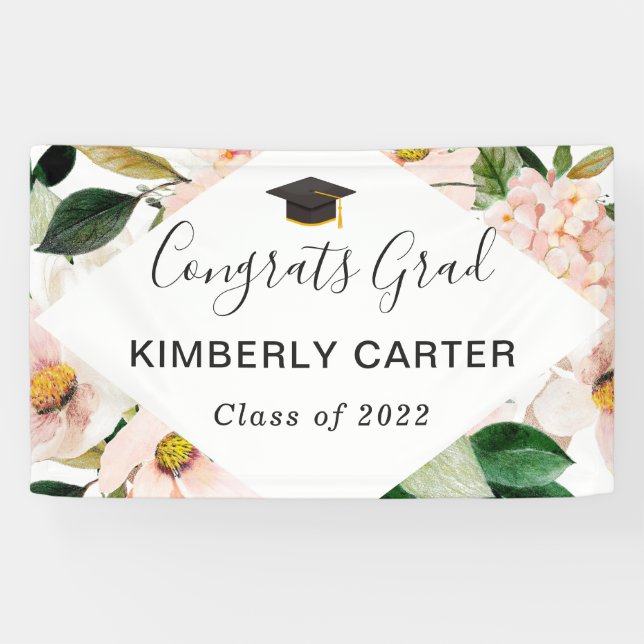 Blush Pink Hydrangea Floral Graduation Party Banner (Horizontal)