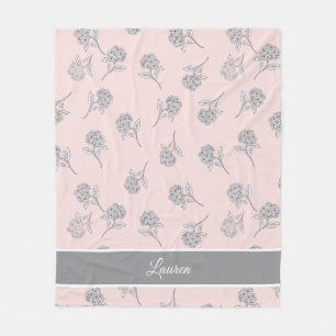  Blush Pink Hydrangea Floral Pattern Monogram Fleece Blanket