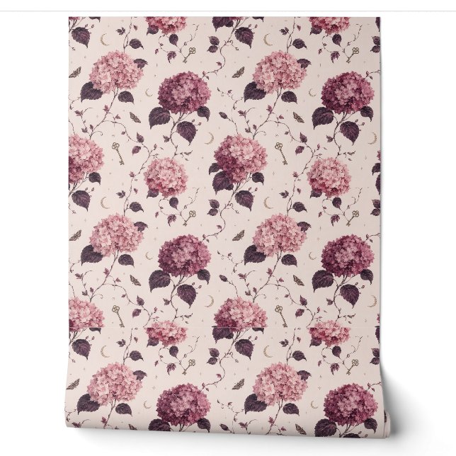 Blush Pink Hydrangea Moth and Moon Romantic Gothic Wallpaper (Unrolling)