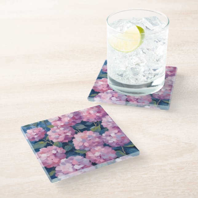 Blush Pink Hydrangeas Floral Glass Coaster (Angled)