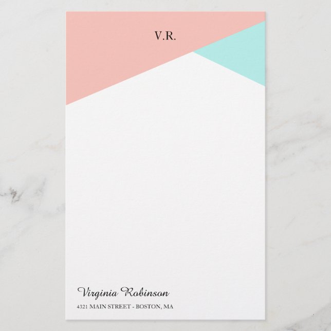 Blush Pink & Icy Blue Monogrammed Stationery (Front)