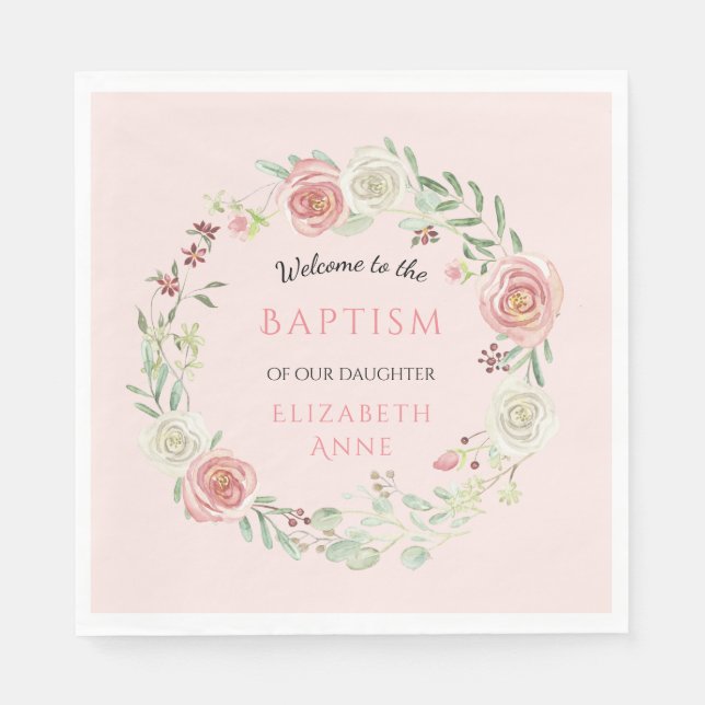 Blush Pink Infant Baptism Girl Baby Floral Wreath Napkin (Front)