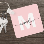 Blush Pink Initial Name Monogram Keychain<br><div class="desc">Create Your Own Stylish Modern Custom World Traveller Girly Blush Pink Monogram Square Keychain. This cute square keychain brings a fun and modern touch to your everyday essentials. The design features a bold white monogram initial centred on a soft blush pink background, with your name in elegant black script layered...</div>