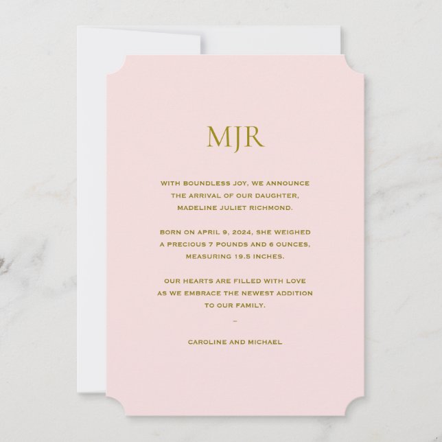 Blush Pink Initials Girl Birth Announcement (Front)