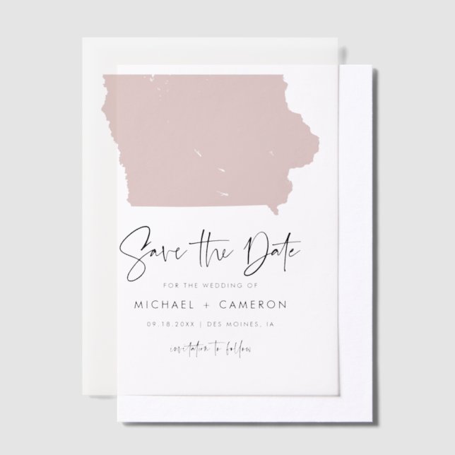 Blush Pink Iowa Map Minimalist Save the Date Vellum Invitations (Offset)
