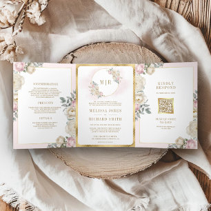 Blush Pink Ivory Floral Gold All in One Wedding Tri-Fold Invitation